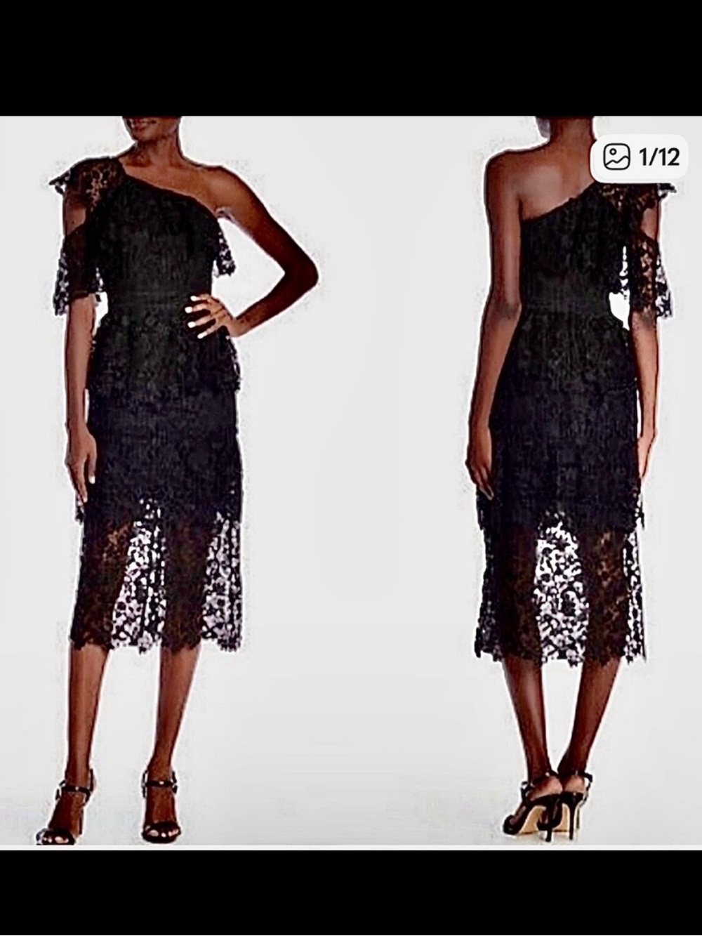 Joie Belisa floral Lace tiered one shoulder black cocktail midi dress sz.2